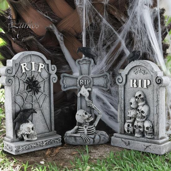 Spooky Holiday Exterior Decor Halloween Skull Tombstone, Stone Look Retro Gothic Resin Creepy Cemetery Scene Ornament Crow Gravestone for Outdoor