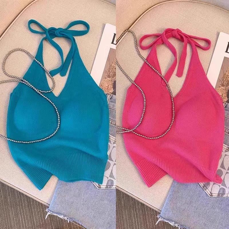 Retro Hong Kong Style Halterneck Camisole: Women's Summer Dopamine Look – Sleeveless, Backless Hot Girl Top
