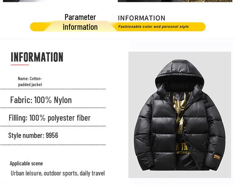 Men's High-End Black and Gold Cotton Hooded Winter Jacket – Warm, Thick, Windproof, Cold-Resistant Outerwear