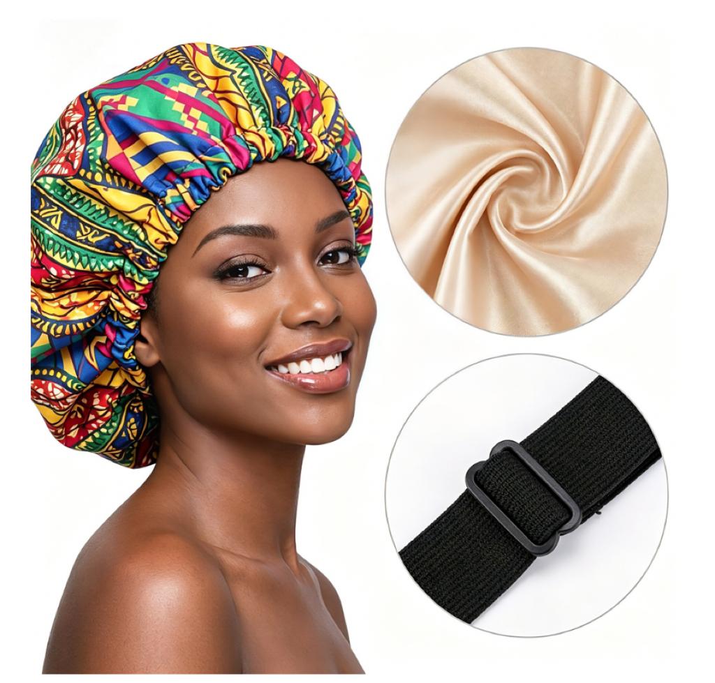 Custom Logo African Print Satin Bonnet Adjustable Double Layer Hair Bonnet Curly Hair Reversible Silky Sleep Cap Night Wrap