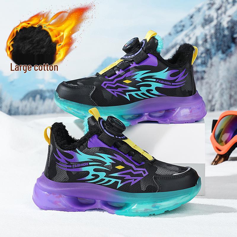 2025 Winter Boys' Waterproof Leather Sports Shoes with Rotating Buckle - Warm, Anti-Slip, Trendy for Middle and Big Kids