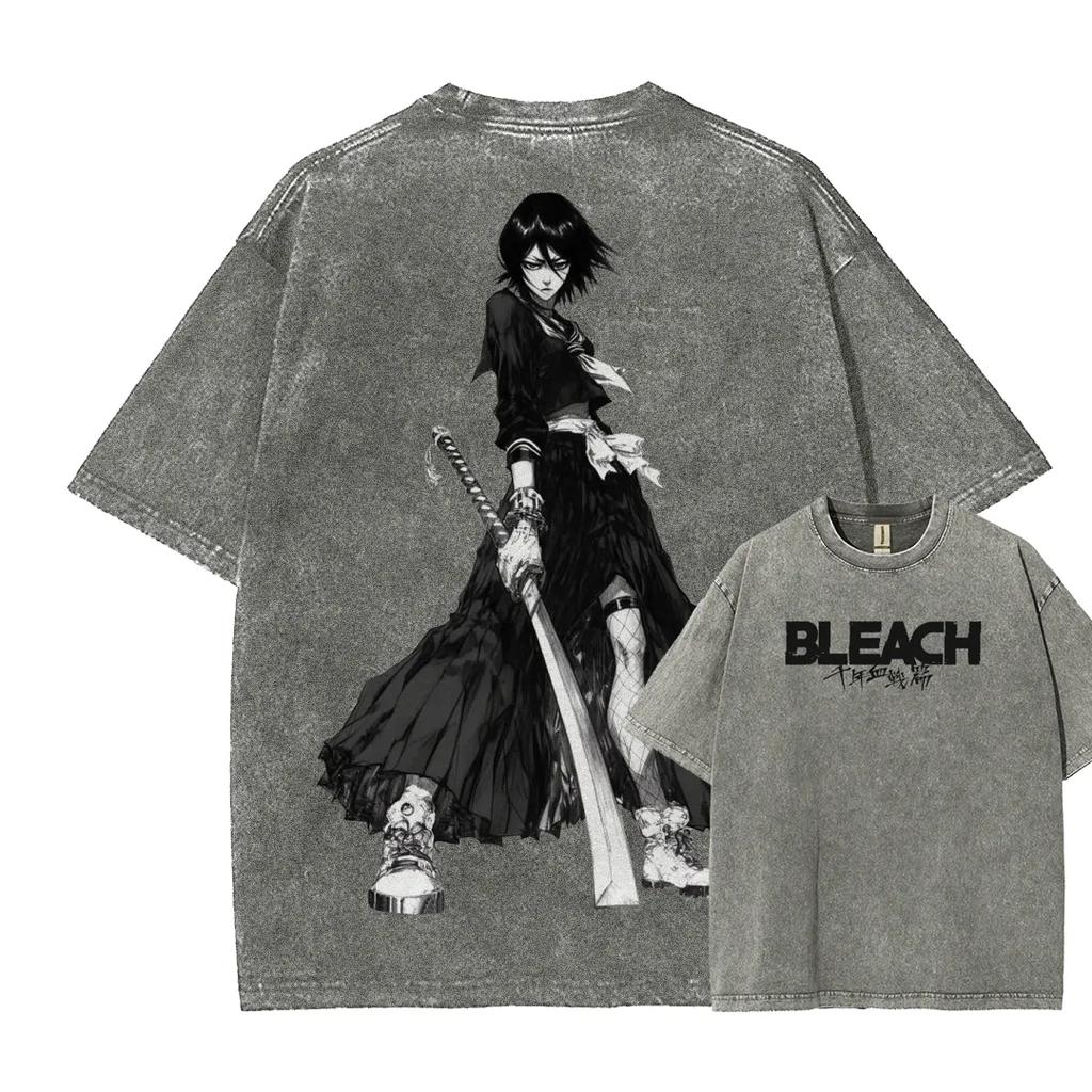 Anime BLEACH Kuchiki Rukia Printed Tee Men Women Washed Cotton T-shirts Short Sleeve Vintage T Shirt Harajuku Oversized Tshirt