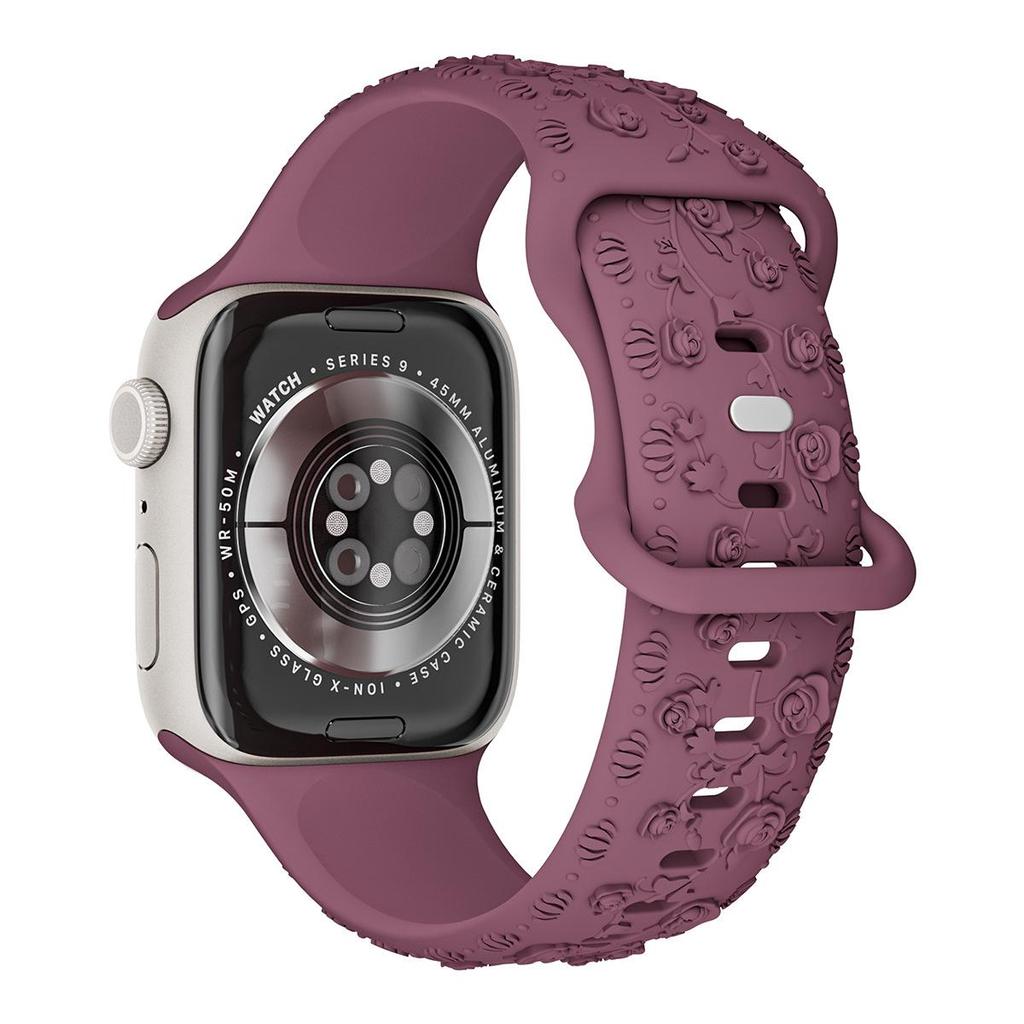 Embossed Rose Flower Silicone Strap for Apple Watch 9 Ultra