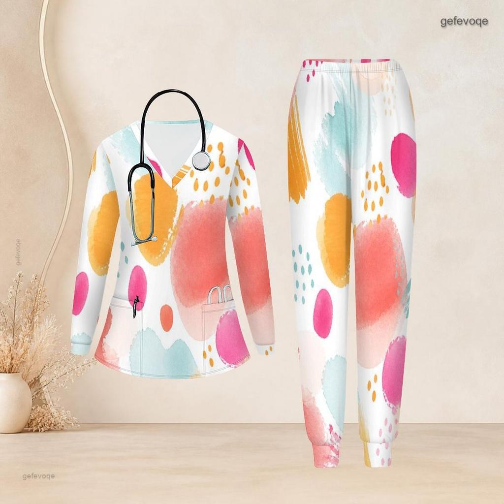 Women Plus Size Printed Dark Blue Nurse Scrub Set V Neck Long Sleeve Pockets Top Long Pants Two Piece