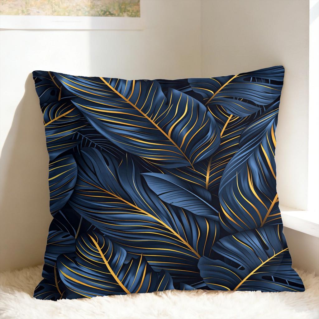 Luxurious Golden Blue Leaves Pillow Cover Cute Funny Pillow Case For Sofa Couch Bed Living Room Comfy Cushion Cover Gift Idea