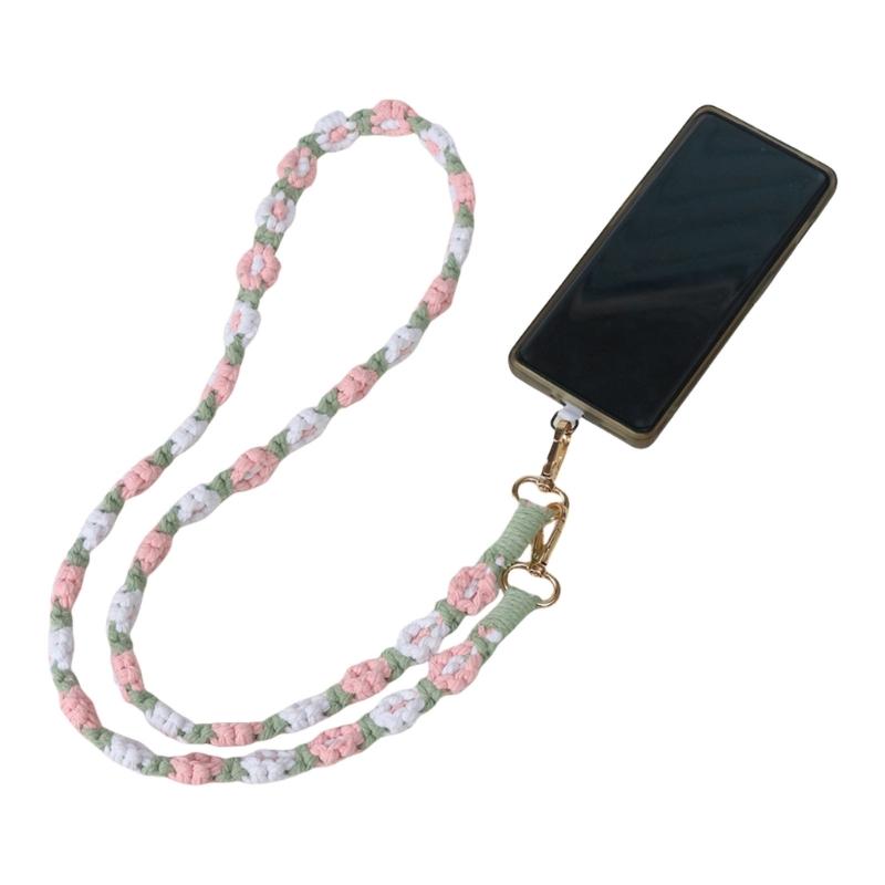 Bohemian Phone Lanyard Floral Wristlet Keychain Handwoven Flower Anti Theft Cellphone Strap Accessory for Women