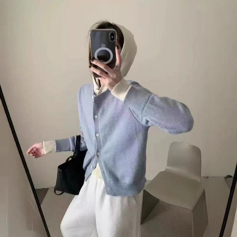 New Versatile Fake Two-piece Color Matching Hooded Knitted Cardigan Women's Loose Long-sleeved Sweater Cardigan Women's