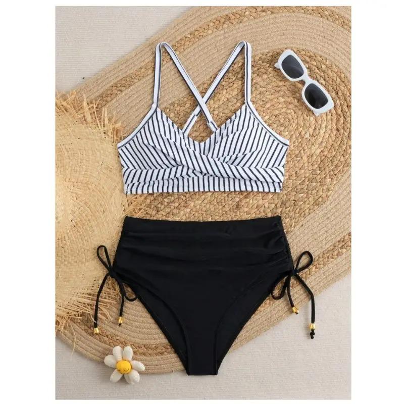 Cikini Sexy High Waist Criss-Cross Strap Bikini Set For Women, Metal Pendant Decor, Adjustable Drawstring