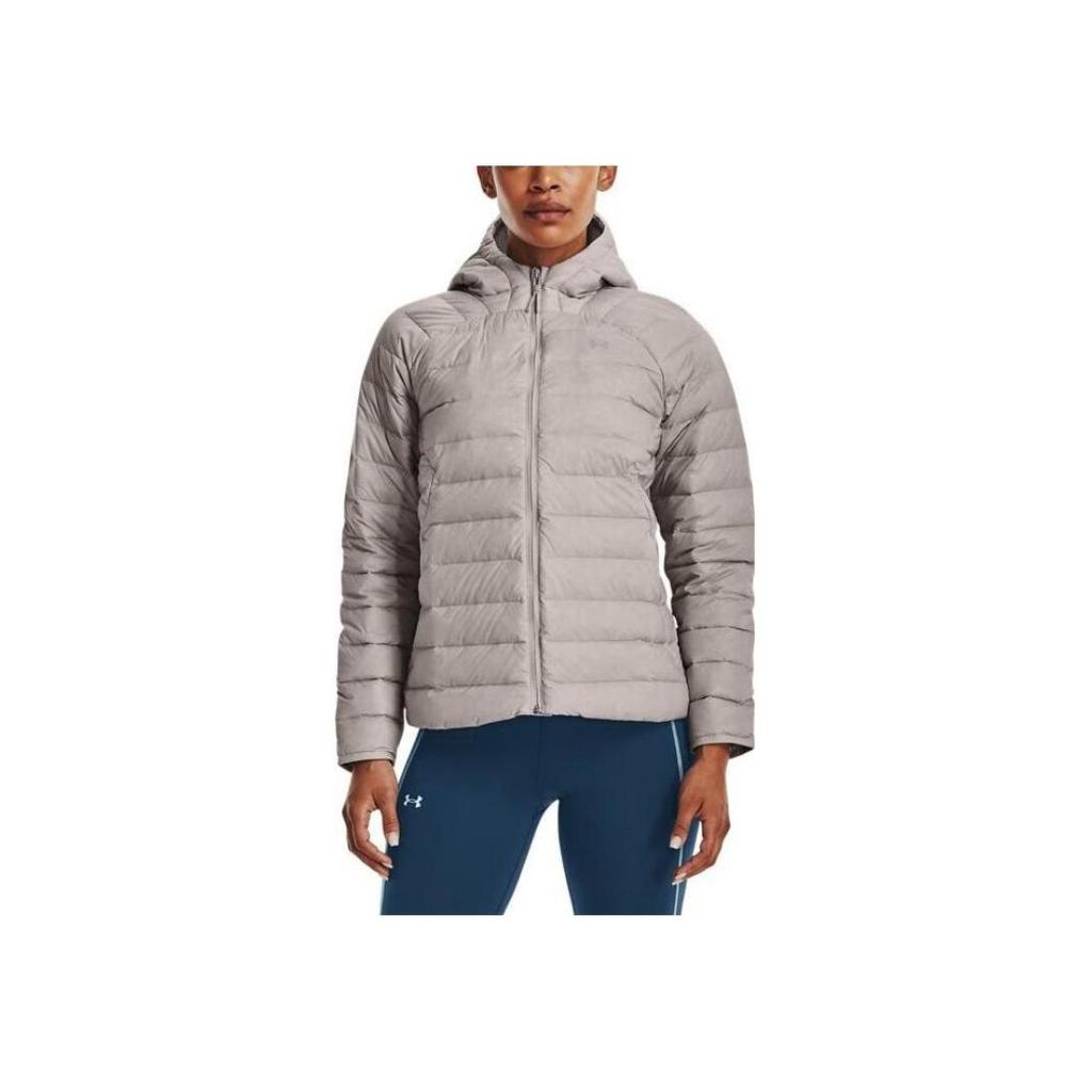 Under Armour Dámská jednobarevná péřová bunda s kapucí a zapínáním na zip s potiskem loga svrchní oděv šedá 1372648-592
