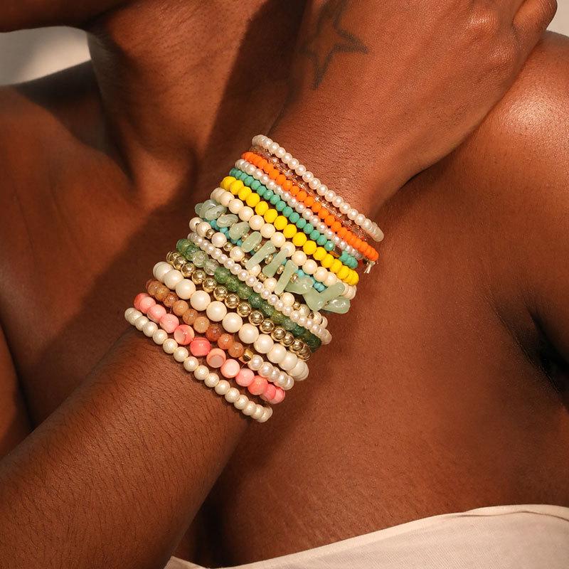 Colorful Multi-Strand Beaded Bracelet Set: Pearl & Stone Stackable Fashion Jewelry for Women