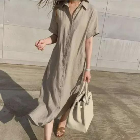 

2025 Korean Summer Cotton Linen Button-Up Lapel Tie Long Shirt Dress. Small