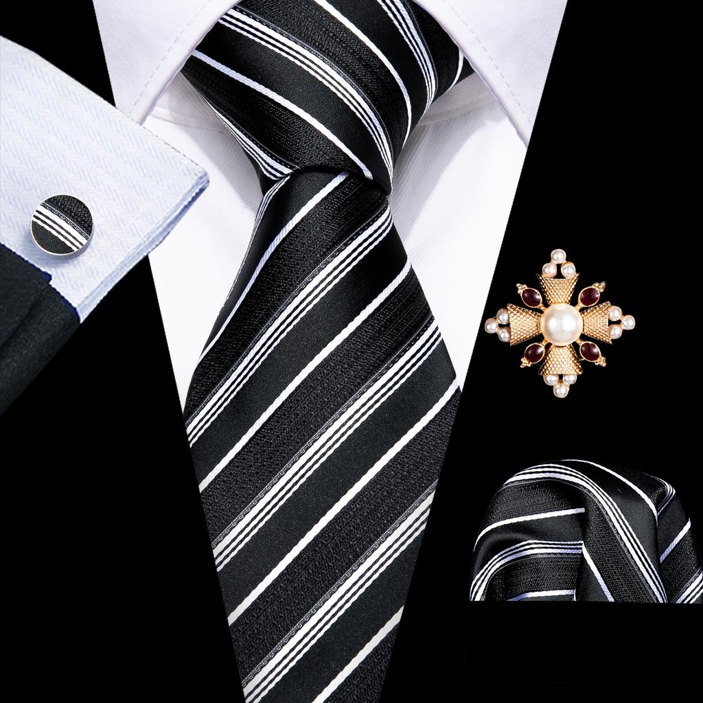 Pearl Brooch with Silk Tie for Men Vintage Floral Teal Necktie Hanky Cufflinks Gift Formal Set