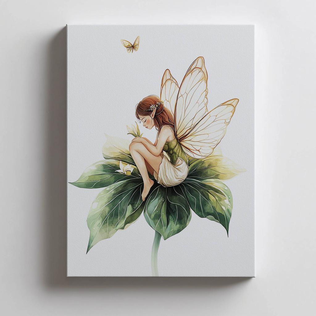Poster Magic Fairy On Green Leaf Poster Magic Fairy On Green Leaf, 70X100 Cm, Frameless, Premium Canvas On Stretcher