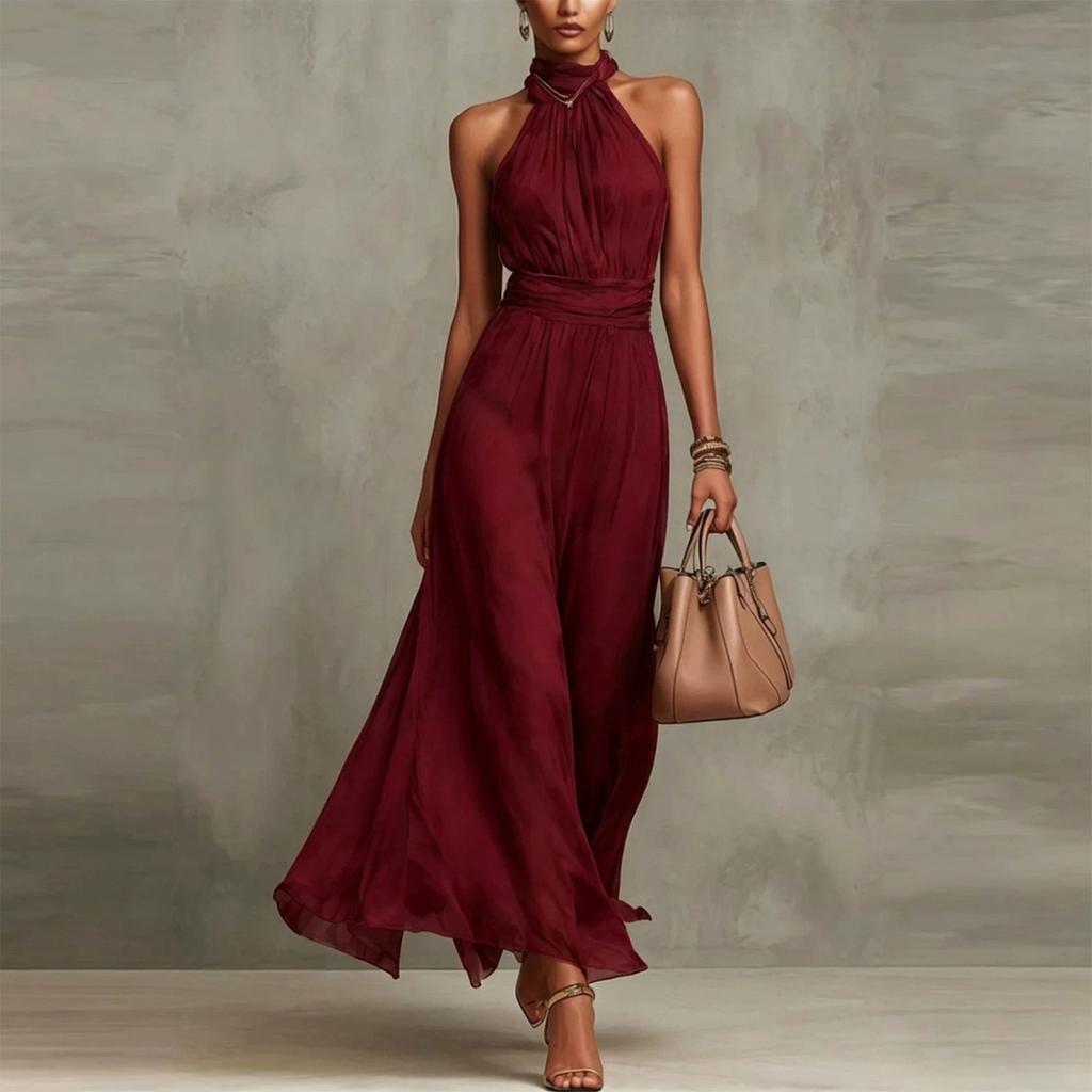 Women’s Neck Chiffon Maxi Dress Ruched Waist Sleeveless Flowy Long Dress Vacation Style Elegant Design
