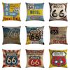 Eye-catching Route 66 Cotton Linen Pillow Cover With Invisible Zipper And Art Deco Style