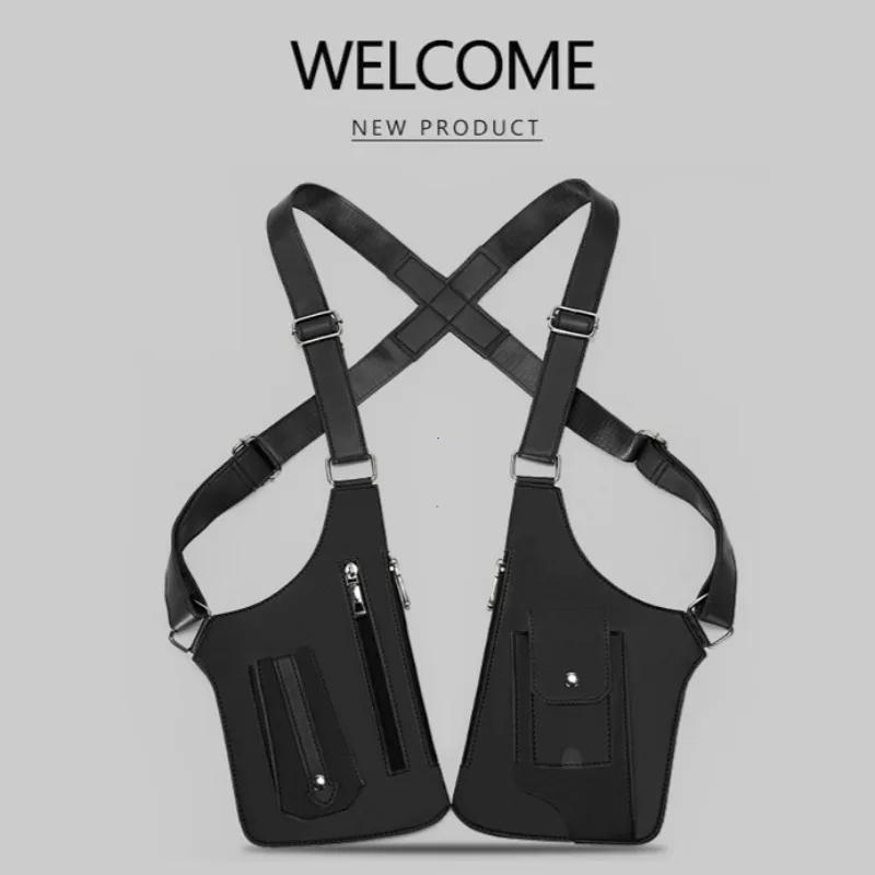 Zaino tattico da esterno antifurto con tracolla doppia e tasche multiple, borsa da petto, borsa a tracolla incrociata da uomo in pelle PU impermeabile