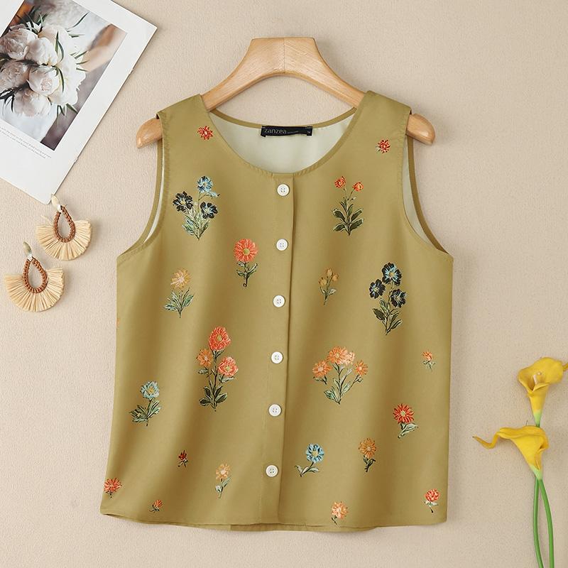 

ZANZEA Women Floral Print Summer Casual Round Neck Sleeveless Tank Tops хакі