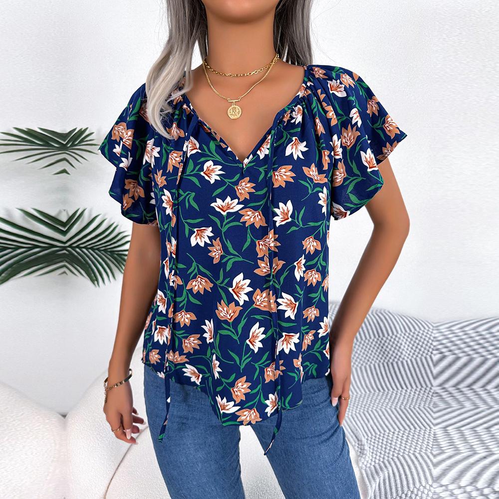 Frauen Frühling Sommer Lose Rüschen Spitze Up Chiffon Top Für Damen O Neck Fliegende Ärmel Floral Blusen