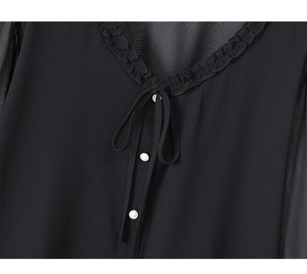 Camicia da Donna Taglie Forti in Chiffon a Maniche Lunghe con Maniche a Campana – Top Lento alla Moda per la Primavera