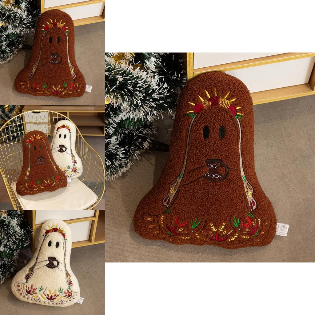 Halloween Ghost Plush Cushion With Embroidered Design For Living Room Decor