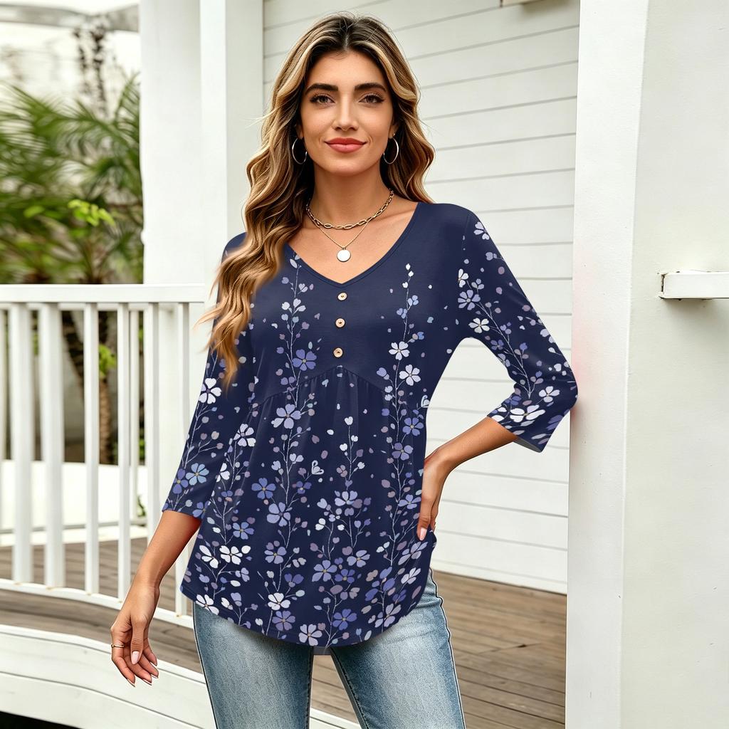 Womens 3/4 Sleeve V Neck Button Detail Floral Print Tunic Top Lightweight Casual Shirt