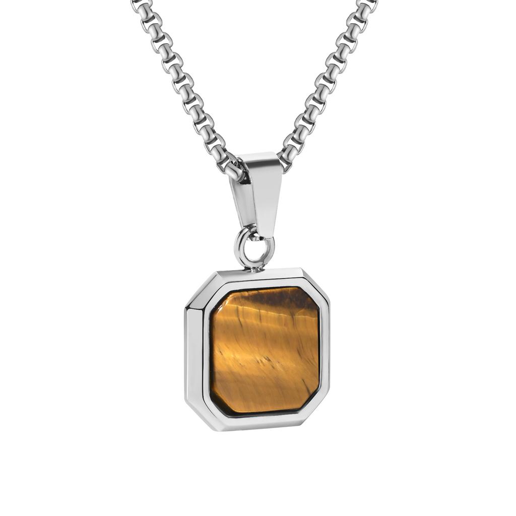 Vnox Mens Necklaces, Geometric Square Natural Stone Shell Pendant, Black Gold Color Stainless Steel Collar