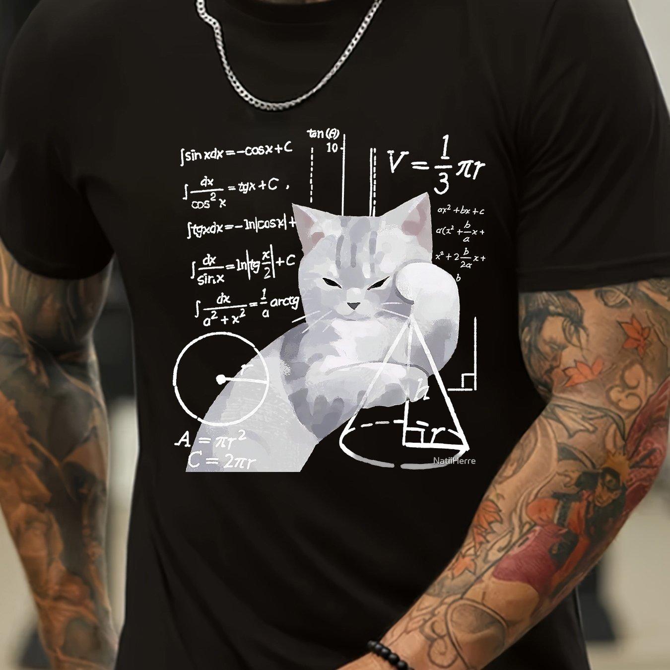 

Men s Fun Science Cat Printed Black Round Neck Short Sleeve Lightweight and Breathable Fitness and Leisure Sports Summer T-shirt 4XL