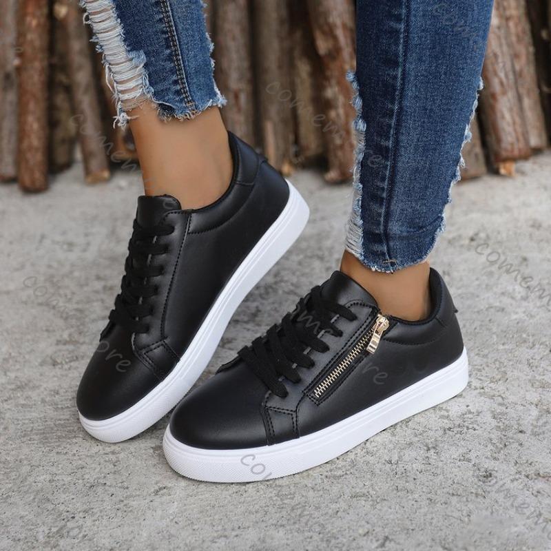Fashion Comemore Women's Flat Bottom Sneakers Fashionable Leather Side Zip White Black Casual Tennis Female Autumn Lace Up Zapatillas