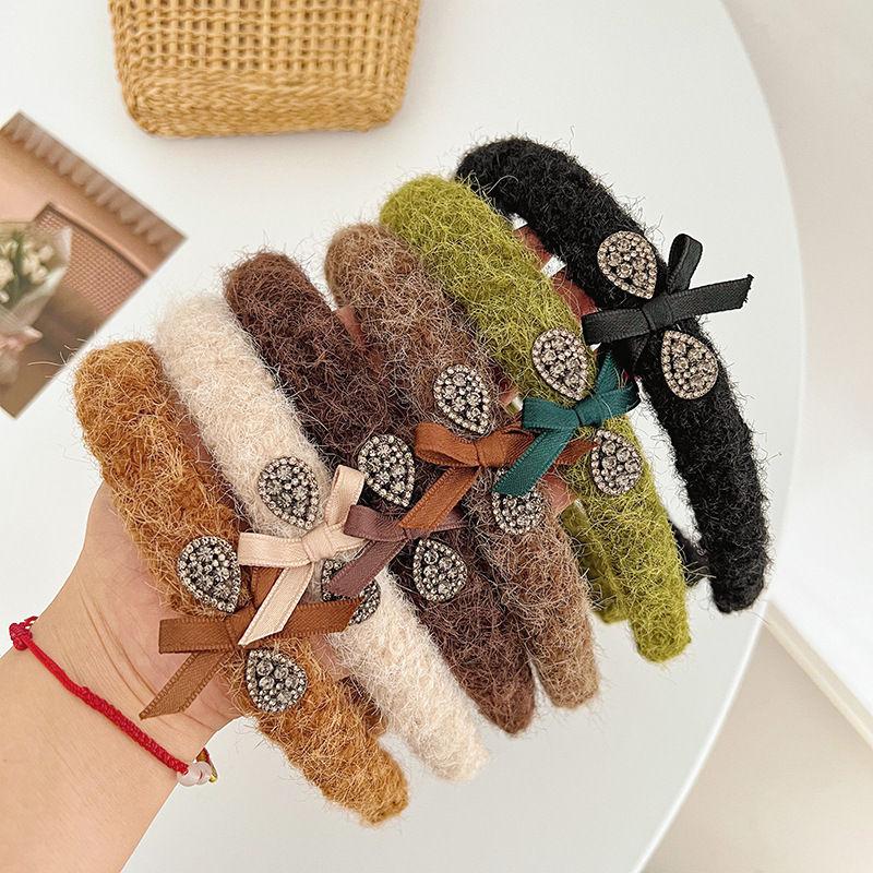 Rhinestone Metal Letter Headband Wool Headdress Vintage Bow Hair Accessories