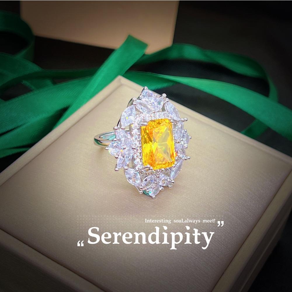 Elegant Women Jewelry Set Asscher Cut Yellow Diamond Pendant Long Gemstone Earrings Open Ring Set