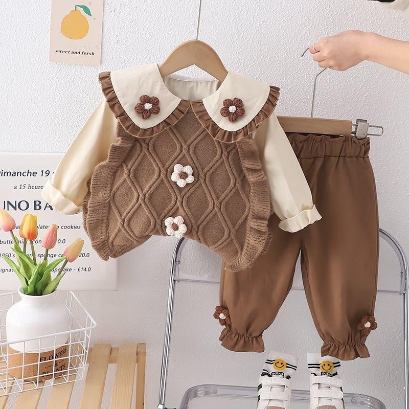 

Stylish Korean Style Girl s Spring And Autumn Three Piece Set With Long Pants Brown Set,80cm