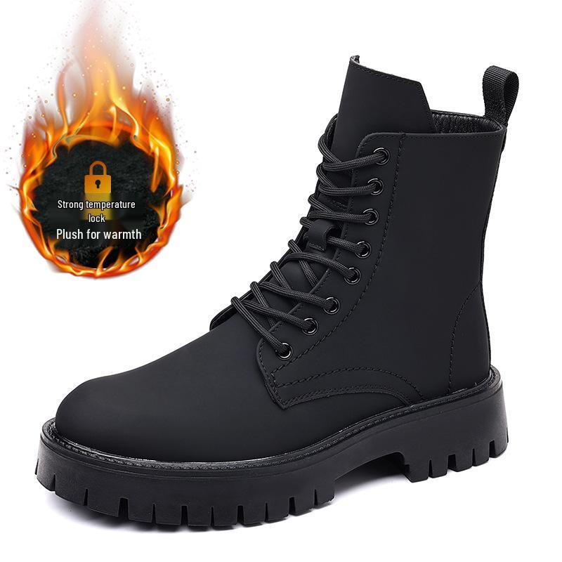 Men's High-Top Leather Martin Boots - British Style, Thick Sole, Velvet Lining, Winter Warmth