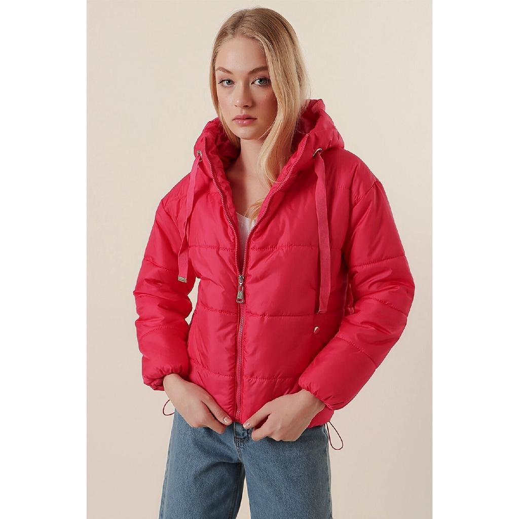 Schwarzer Puffermantel mit Kapuze und Tunnelzug für Damen Hzl22w-bd151171