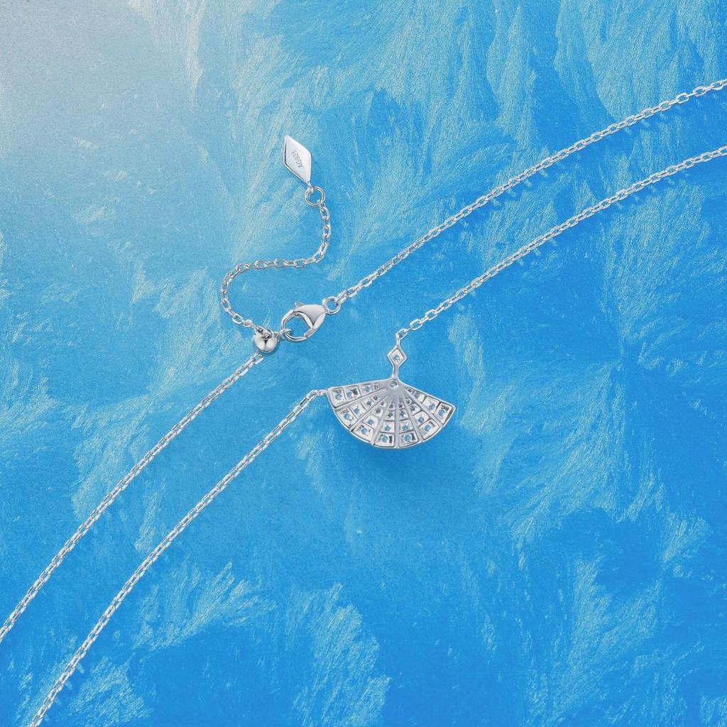 Silver Diamond Fan Necklace: Luxurious 925 Sterling Silver Pendant with Clavicle Chain for Women