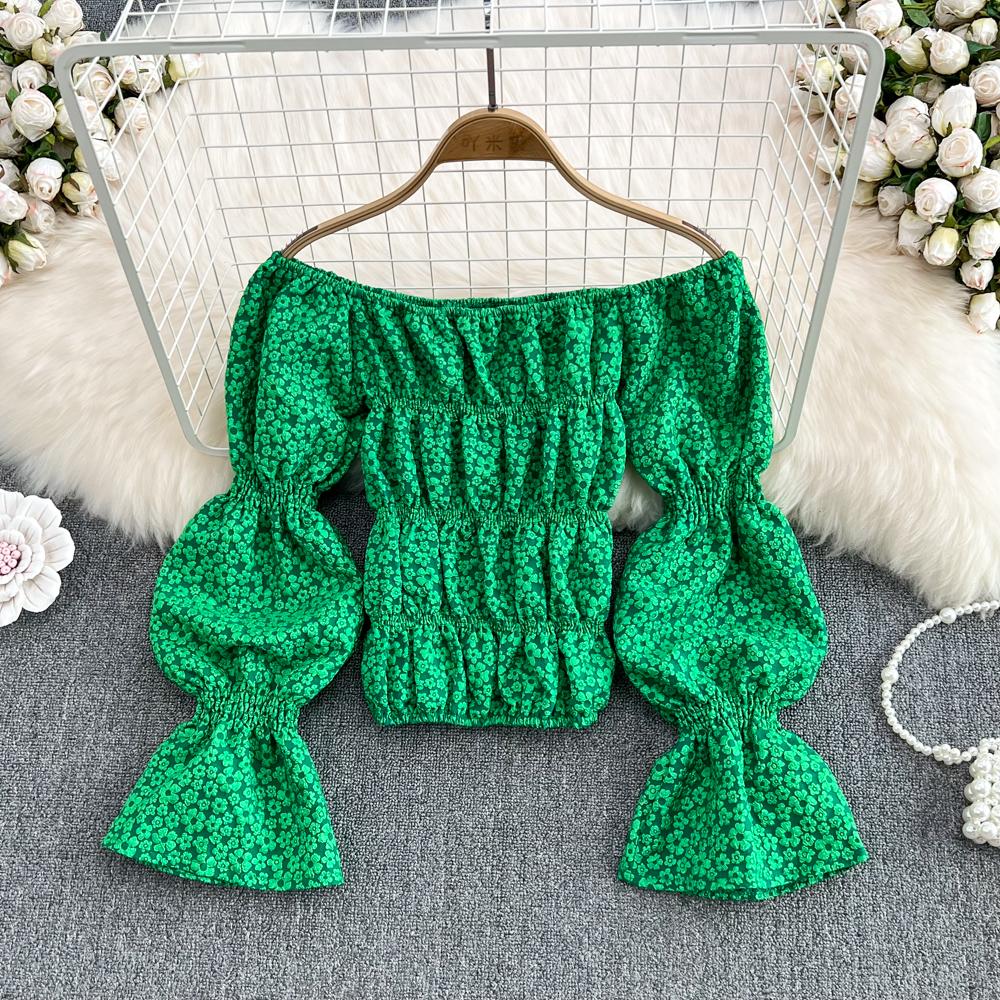 

Версия RUGOD: сексуальная плиссированная трехмерная цветочная рубашка с воротником из одного слова, короткая рубашка с пышными рукавами и открытыми плечами, шикарный топ в стиле вестерн