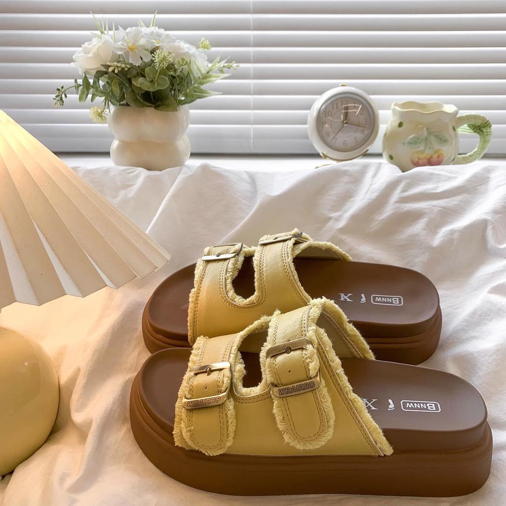 Dicksohlige Birken-Slipper für Damen-Sommerbekleidung 2025 Retro-Feenwind mit Fransen hässlich und niedlich flachsohlige Damen-Birken-Sandalen Tide