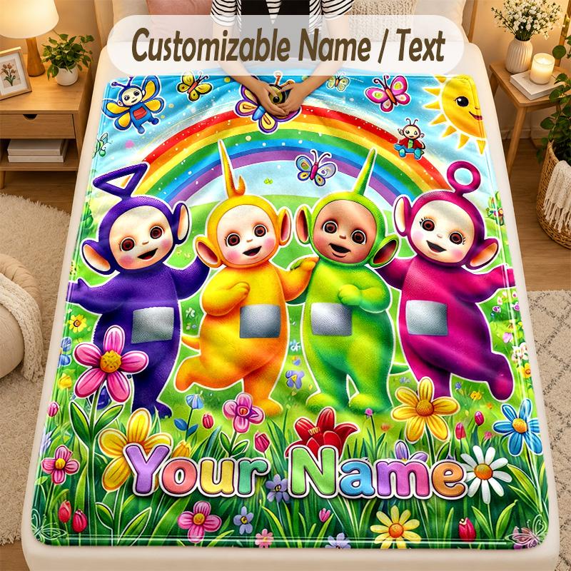 Flannel BlanketTeletubbies Custom Name Text Personalized Soft Warm Throw Blanket Home Decor Gift