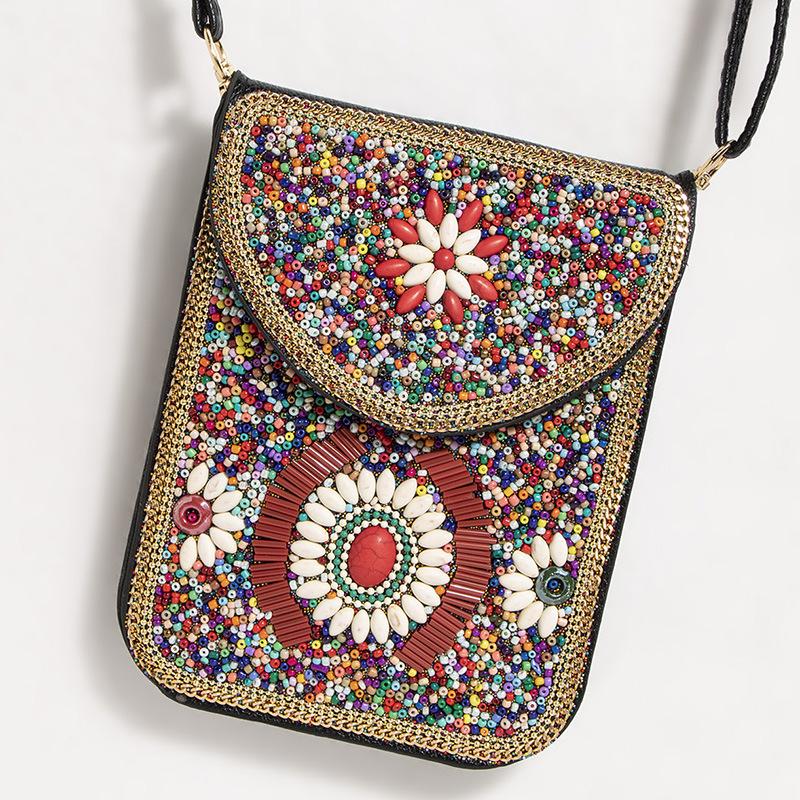 Exquisite Bohemian Style Crossbody Bag with Rice Beads, Shells, and Flowers
