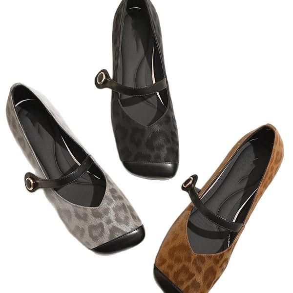Soft-soled Single Shoes Women's Spring and Autumn New Retro Leopard Print Square Head Word with Mary Jane Shoes Comfortable Flat-soled Laden Shoes