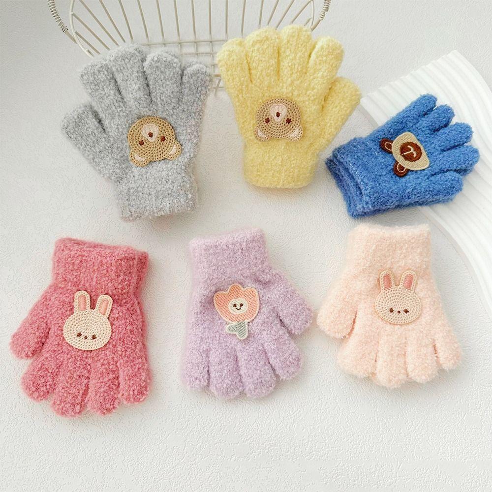Bear Cartoon Pattern Gloves Rabbit Knitted Mittens Thicken Baby Fluffy Gloves  Kids