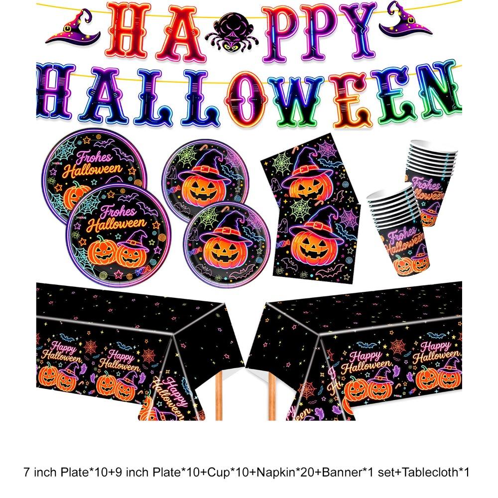 Thickened Neon Pumpkin Disposable Tableware Set Eco-friendly No Sagging Halloween Party Dinnerware Kit Waterproof