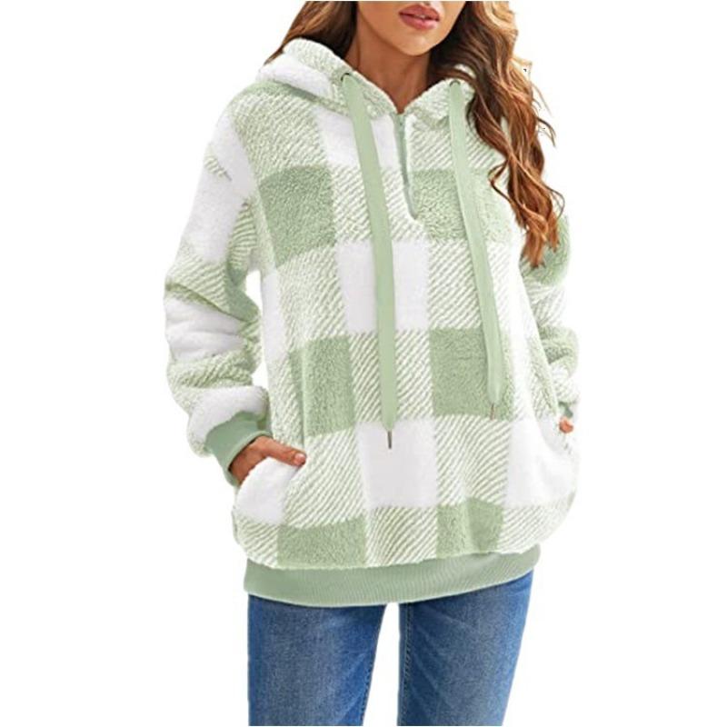 Damen S Langarm Kapuzen Plüsch Kariert Pullover Sweatshirt