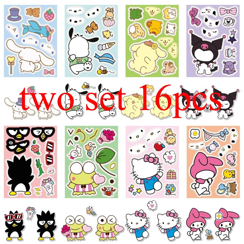 8 Sheets/Pack Sanrio Face Changing Stickers Cute Cartoon Make A Face Diy Puzzle Sticker Toy
