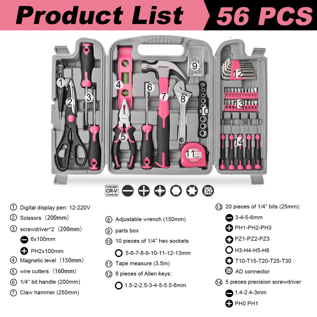Tool Set General Household Toolkit with Toolbox Storage Case, Ladies Basic House DIY Tool Kit Set for Home Garage Office Use