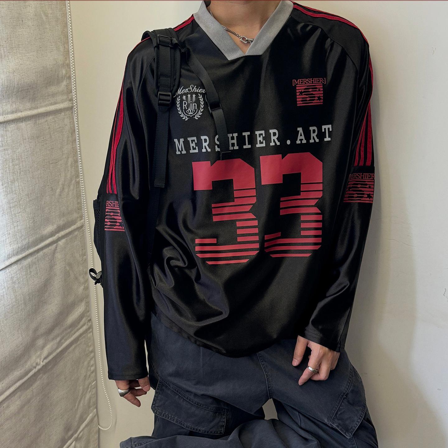 

Retro American V-Neck Sports Jersey: Long Sleeve Sun-Protection Outerwear XL чорний