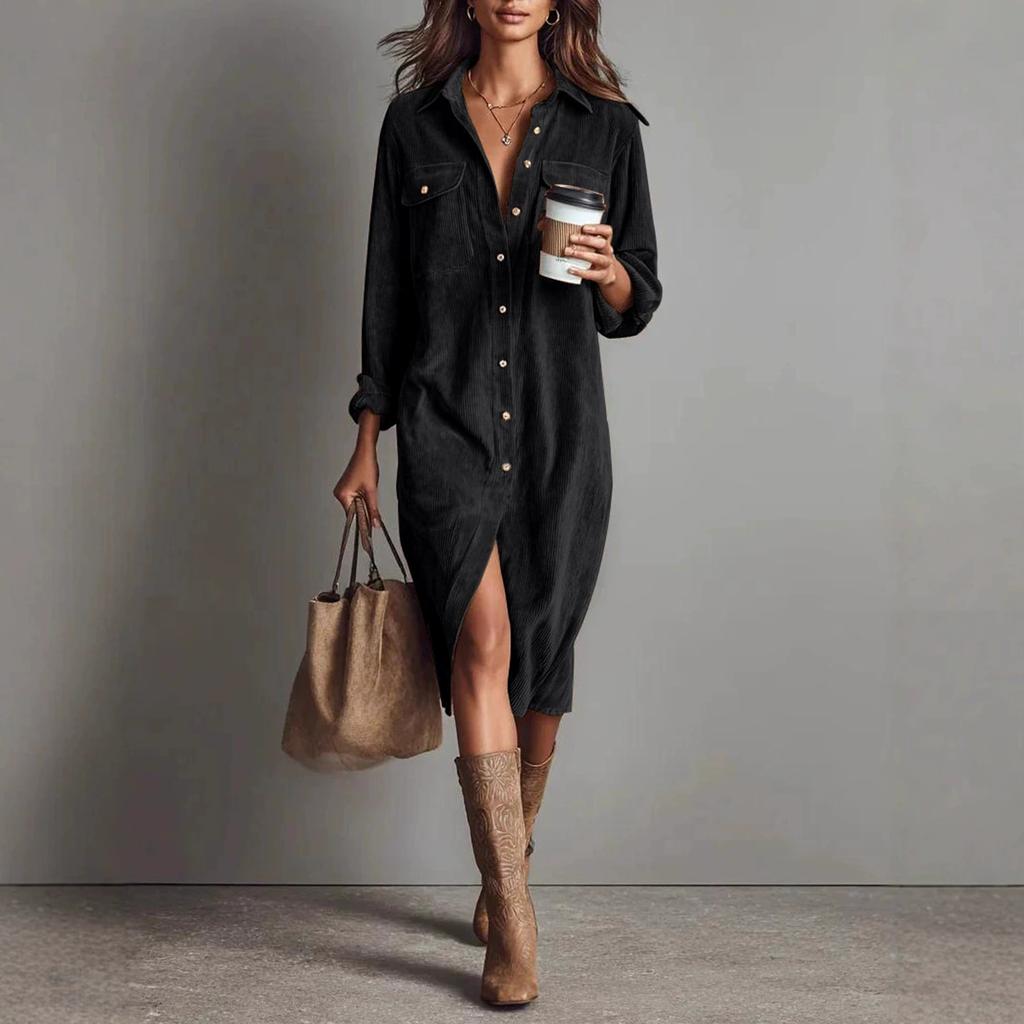 Women's Fashion Casual Solid Color Corduroy Long-sleeved Dress With Lapel Shirt , Loose Long Skirt