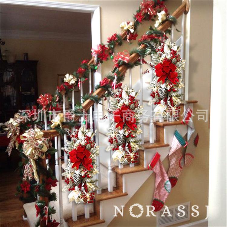 Christmas wreath, red bow, white pine cones, Christmas stair decoration, wreath30CM Lighted pendant