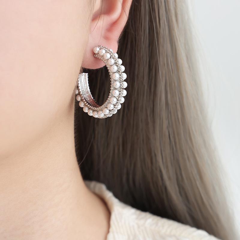 French Retro Baroque Pearl Earrings: Elegant 18k Gold C-Shaped Titanium Earrings for Women