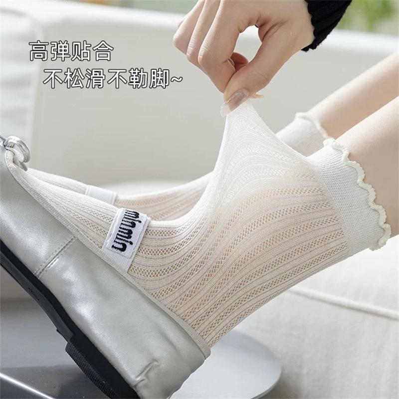Spitzenstrümpfe Damen Sommer Dünn Ballett Stil Weiß Mary Jane Stapel Socken Mit Kleinen Lederschuhen Grau Sommer Mittellang