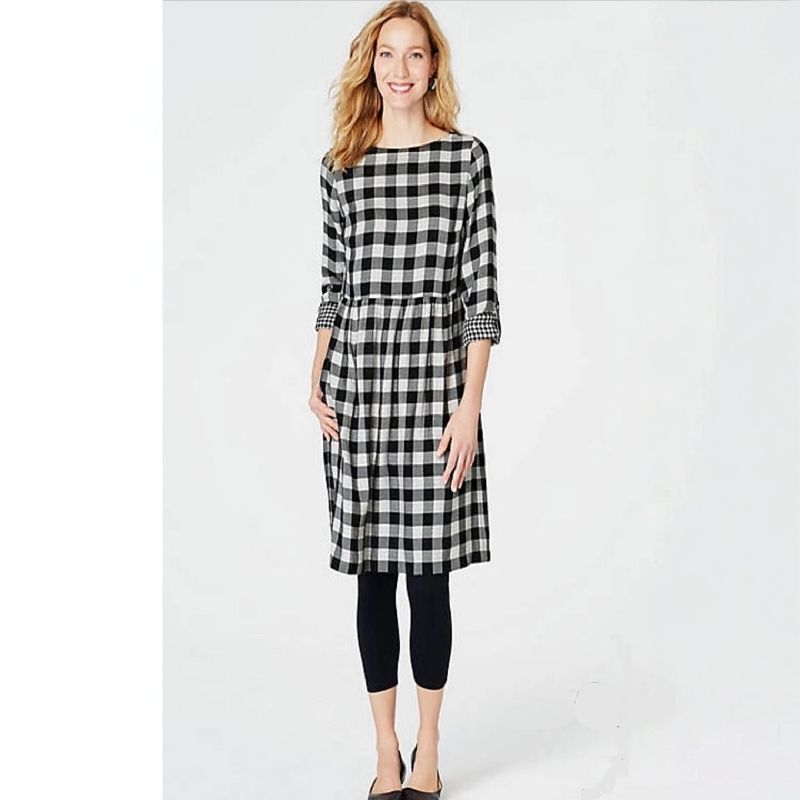 

Black and White Plaid Pocket Dress Fall and Winter Multi-Functional Long Sleeves A- line Skirt European and American plus Size Women s Clothes 158 Black and White grid XS